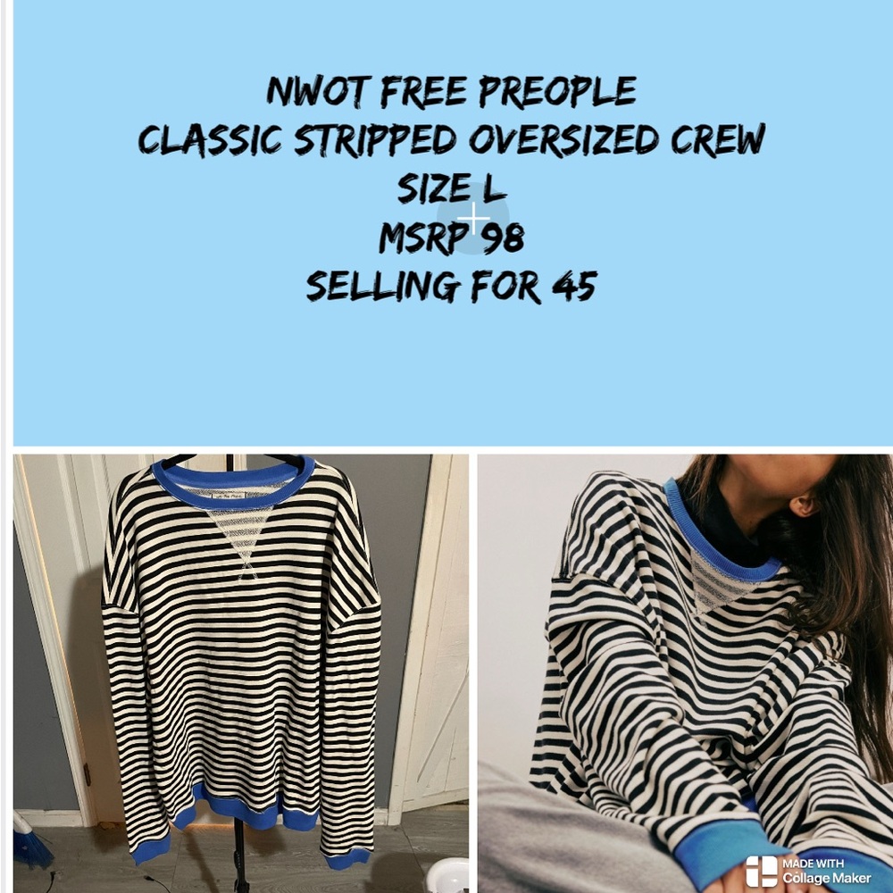 NWOT Free People Striped Oversized Crew